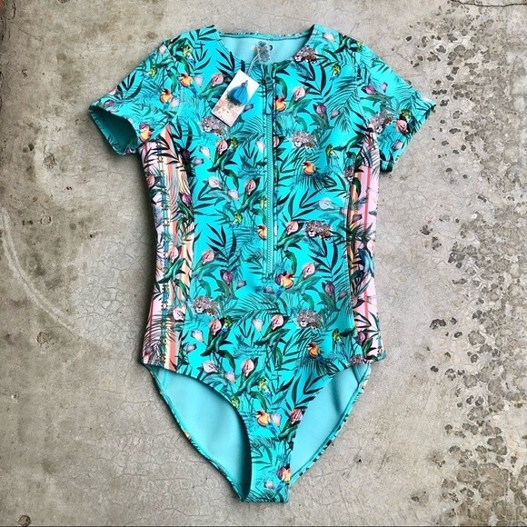 NWT Johnny Was Taina Neoprene One Piece Swimsuit Turquoise Blue Floral Printed L - Picture 2 of 4